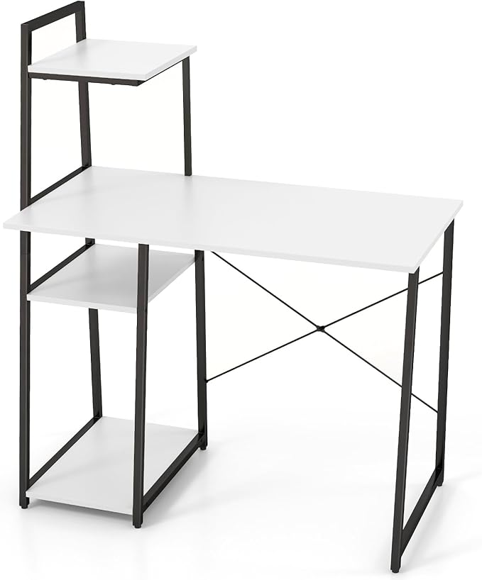 Tangkula Computer Desk with Shelves, Space Saving Home Office Desk with 3-Tier Ladder Shaped Storage Bookshelf, Modern Writing Study Desk with Metal Frame, Compact Computer Workstation (White)