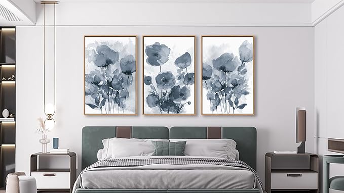 arteWOODS Botanical Framed Wall Art - Abstract Watercolor Style Pictures Grey Blue Floral Wall Decor Minimalist Prints Aesthetic Flowers Painting Artwork 16" x 24" Set of 3 Natural Framed