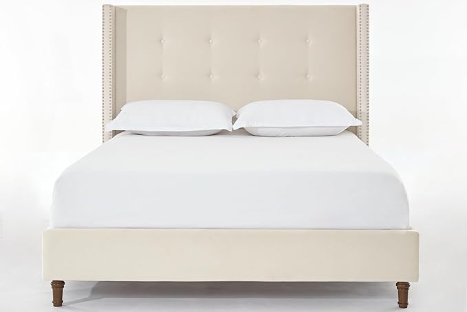 Upholstered Bed Frame, 54" Tall Headboard Wingback Upholstered Platform Bed Frame for Kids Teens Adults Bedroom Strong Wood Slats Support/No Box Spring Needed (Ivory Velvet, Queen)