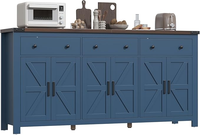 VVFLU 71" Large Sideboard Buffet Cabinet with Storage, Modern Farmhouse Coffee Bar with 3 Drawers and 6 Barn Doors, Dining Room Storage Cabinet, for Kitchen, Living Room, White Wood, Blue Wood