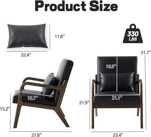 Achicsofar Accent Chair Mid Century Modern Armchair with Lumbar Support Pillow Wood Legs PU Leather Upholstered Lounge Chairs Comfy High Back Cushion for Living Room Bedroom