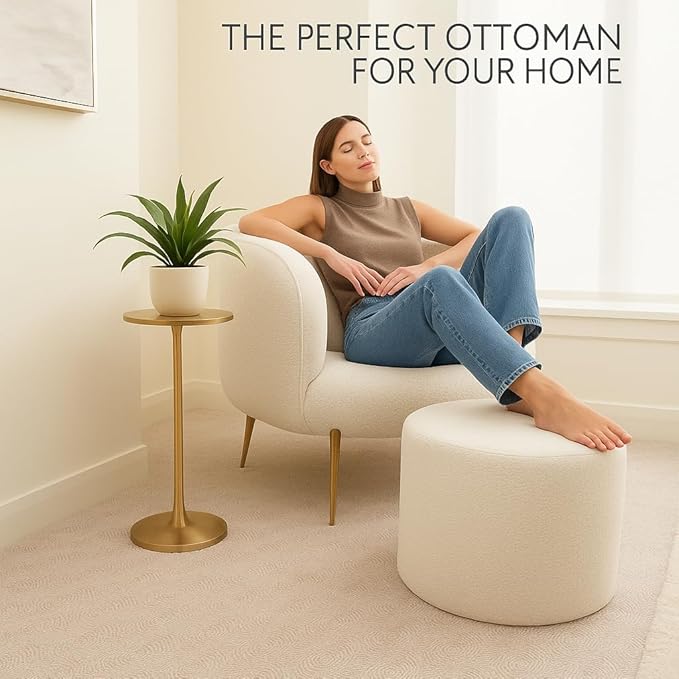 White Round Ottoman Foot Rest Stool – Clean Boucle Fabric Footstool with Soft Foam Filling, Lightweight Modern Pouf for Minimalist Living Room, Bedroom, Office – Pure White