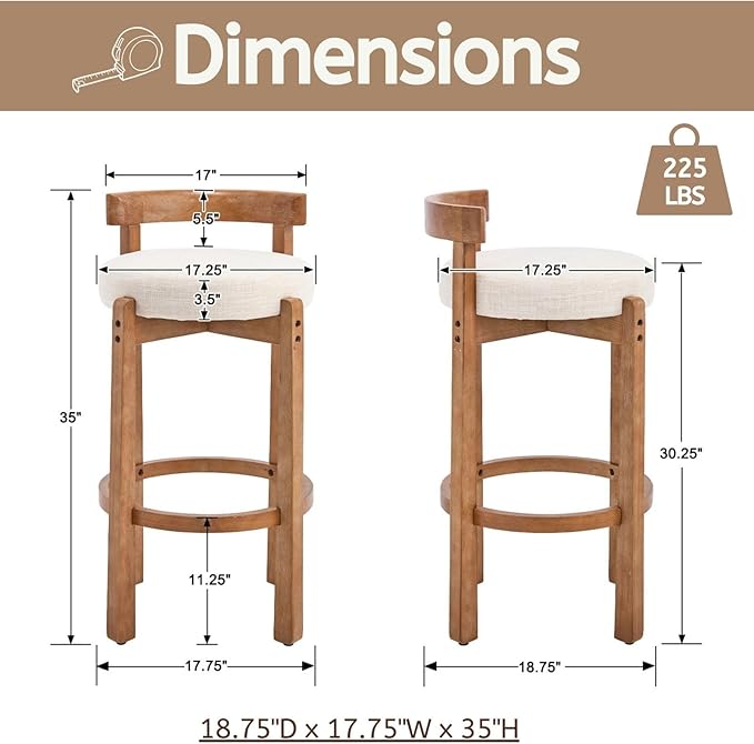LukeAlon Mid Century Linen Bar Stools Set of 4, 30.25" Seat Height Upholstered Barstools with Wood Legs Modern Tall Bar Chair with Curved Low Back Round Footrest for Pub Home Kitchen Island, Beige