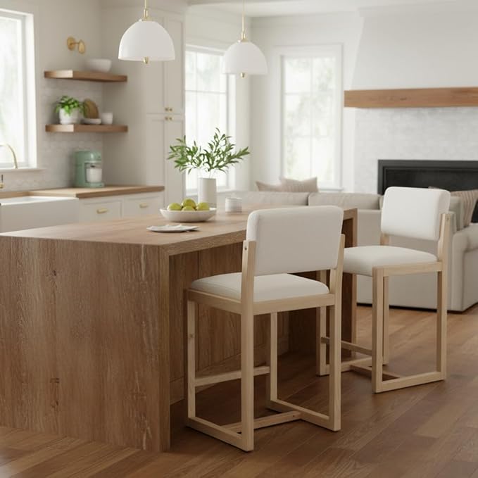 DUOMAY Modern Bar Stools Set of 2, 26" Counter Height Barstools, Sherpa Upholstered Kitchen Island Chair with Wood Legs for Home Bar Coffee Shop, White