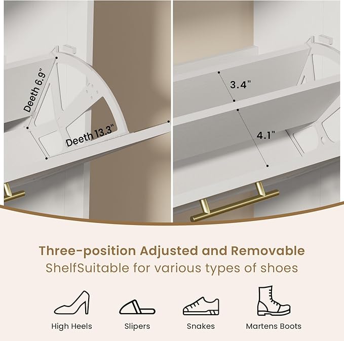 Shoe Cabinet Organizer with 3 Flip Drawers, Modern Narrow Shoe Cabinet with Metal Handles, Freestanding entryway Organizer with 2 Adjustable Shelves & 2 Hooks, for Foyer, Hallway, White