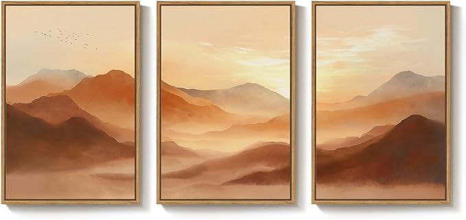 Framed Orange Abstract Mountain Wall Art for Living Room, 3 Piece Large Landscape Sunset Scenic Canvas Artwork for Walls, Modern Terracotta Paintings Prints for Bedroom Office Wall Decor, 24x36 Inch