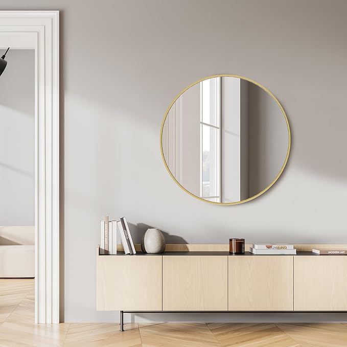 Sweetcrispy 28in Gold Round Bathroom Mirrors for Wall, Bathroom Mirrors for Over Sink, Wall Decor for Bathroom, Entryway, Bedroom, Vanity