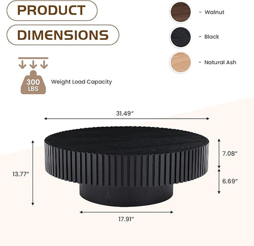 31.49" Round Coffee Table Wood, Modern Circle Drum Fluted Coffee Table for Living Room, Contemporary Low Center Tea Table Side Table for Small Apartment, Farmhouse, Office, Mesa De Cafe, Black