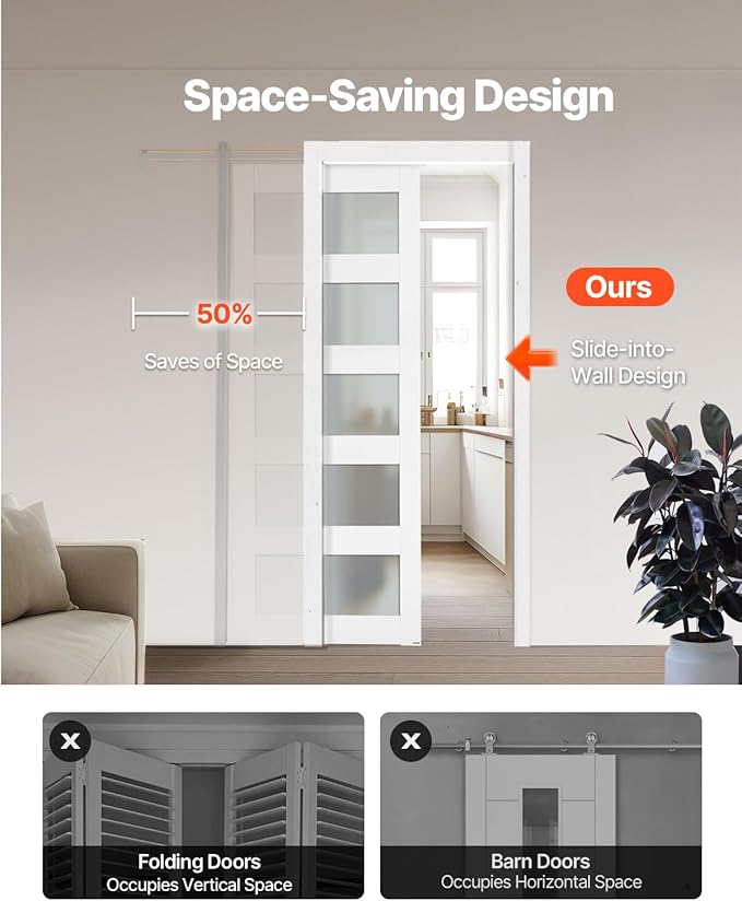 VEVOR Sliding Pocket Door, 36" x 80", 5-Lite Frosted Glass with Hardware Kit, Sturdy Solid Wood & MDF Pocket Doors Slab with Waterproof Surface, Pre-Drilled Doors Panel, Need to Assemble