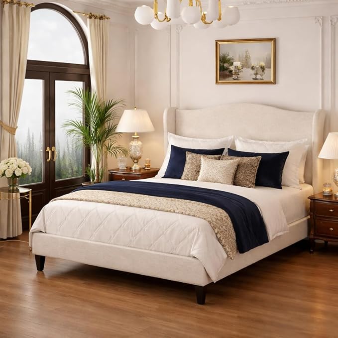 King Bed Frame with Extra Tall 55.5" Wingback Headboard, White Boucle Upholstered Platform Bed Frame, Modern Cloud Bed, Noise-Free, Metal Slats Support, No Box Spring Needed