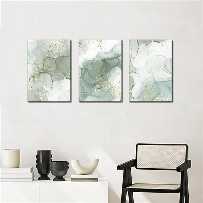 Sage Green Canvas Wall Art Set of 3 Abstract Green Gold Marble Line Wall Decor Pictures Neutral Modern Minimalist Posters Prints for Living Room Bedroom Home Decoration 16x24in