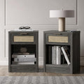 Walsham Night Stand Set 2, Rattan Nightstand with Charging Station, Modern End Table with Drawers, Bed Side Tables Set of 2 for Bedroom Living Room Sofa Couch Office (Midnight Oak)