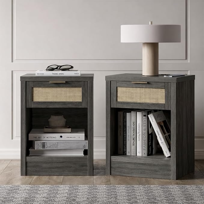 Walsham Night Stand Set 2, Rattan Nightstand with Charging Station, Modern End Table with Drawers, Bed Side Tables Set of 2 for Bedroom Living Room Sofa Couch Office (Midnight Oak)