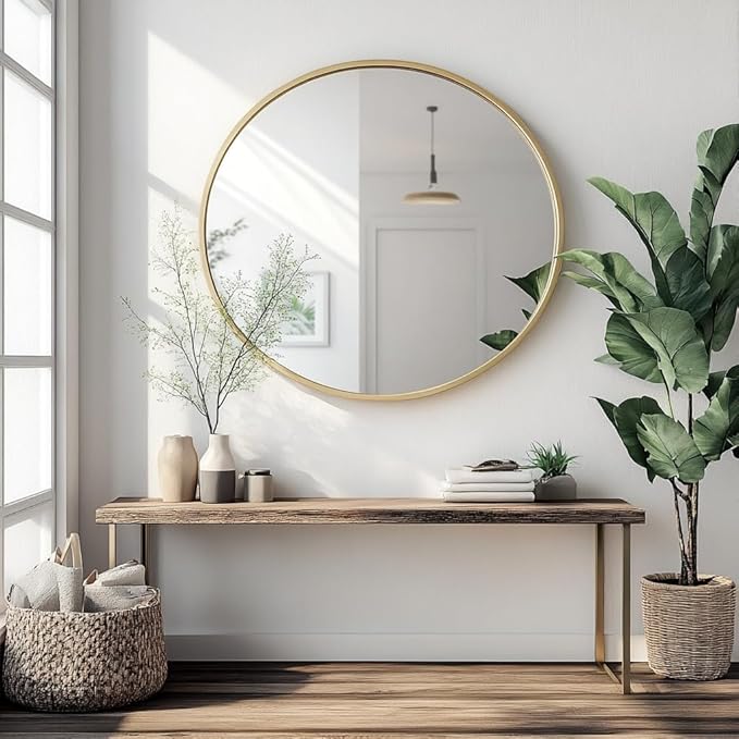Oruii Gold Round Mirror, Gold Round Mirror 24 inch, Circle Wall Mirrors Metal Frame, Golden Circular Mirrors for Wall, Living Room, Bathroom, Entryway, Vanity, Hallway (Brass)