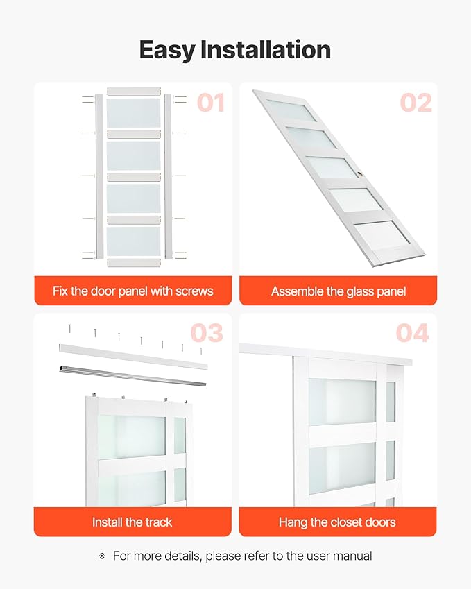 VEVOR Sliding Closet Door, 48" (Double 25") x 80", 5-Lite Frosted Glass with Hardware Kit & Floor Guide, Solid Wood & MDF Slab with Waterproof PVC Surface, Pre-Drilled Doors Panel, Need to Assemble