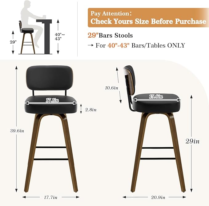 Bekrvio Swivel Bar Stools Set of 4, 29" Upholstered Faux Leather Barstools with Back and Bent Wood Legs, Mid Century Modern Bar Chair Island Stool for Kitchen Counter, Black