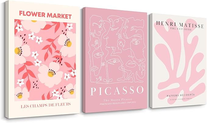 Matisse Abstract Wall Art Decor Pink Flower Canvas Pictures Picasso Aesthetic Wall Art Henri Matisse Prints Poster Abstract Flower Painting Market Artwork for Bedroom 16x24 Inch Framed Set of 3