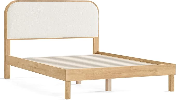 KISLOT Wood Bed Frame with Upholstered Headboard, Mid-Century Boucle Fabric Platform Modern Bed Mattress Foundation Noise-Free No Box Spring Needed Easy Assembly