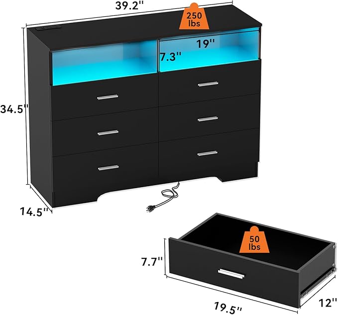 FJTJBSI Dresser with Power Outlets and LED Lights Wooden 6 Drawer Dresser with Large Organizer Tall Black Drawer for Bedroom Modern Chest of Drawers Closet for Living Room Kids Room