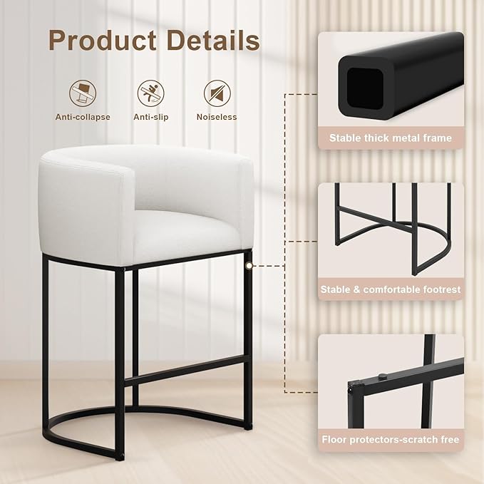 26" H Counter Height Bar Stools Set of 2, Modern Barrel Counter Stools with Backrest and Arms, Linen Fabric Upholstered Accent Barstools for Kitchen Island,Support 450 LBS (White)