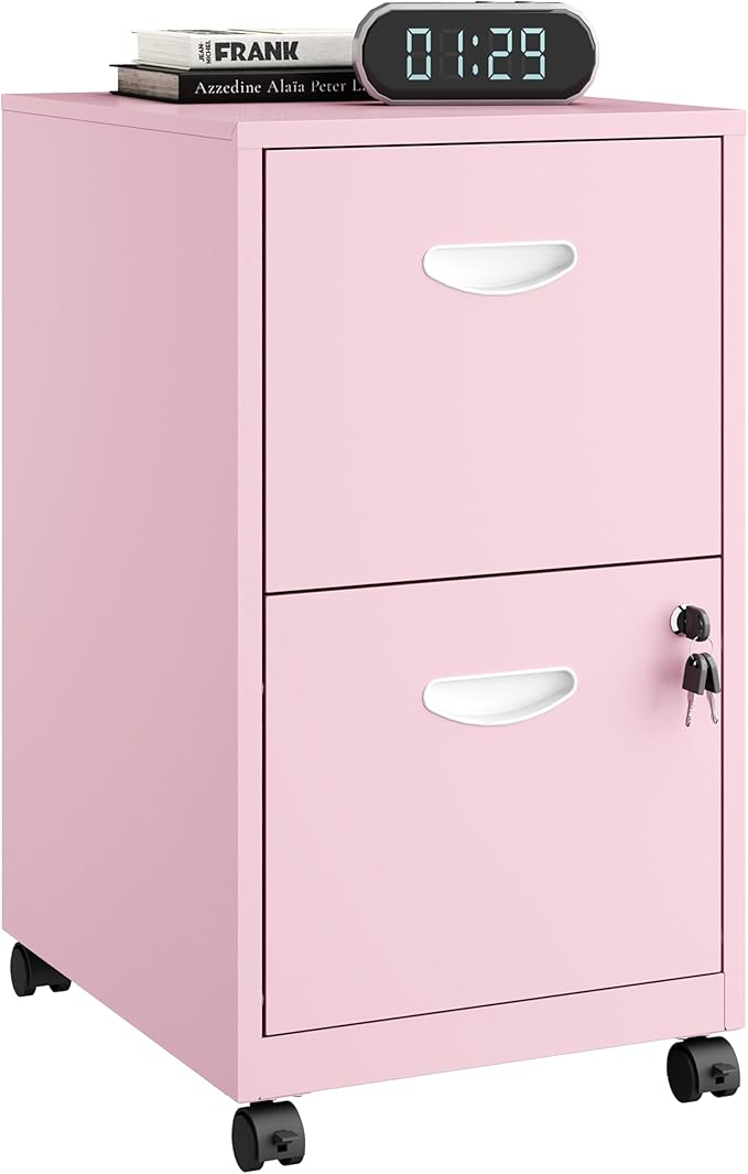 Polup 2 Drawer Rolling File Cabinet on Wheels, Mobile Two Drawer Filing Cabinet with Lock, Small Files Cabinets for Under Desk, Metal Filing Cabinets for Letter Size Folders, Pink - Assembly Required