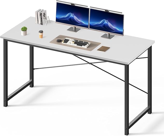 DUMOS 55 Inch Computer Desk for Home Office, Modern Study Work Table Simple Style for Bedroom Small Space, Large Writing Desks with X-Shaped Reinforcement, Wood White