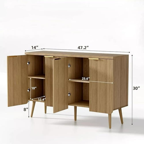 47.2" Modern Fluted Sideboard Cabinet with 4 Doors, Wood Storage Credenza with Shelves, Multi-Purpose Buffet Cabinet for Entryway, Dining & Living Room, Natural Wood