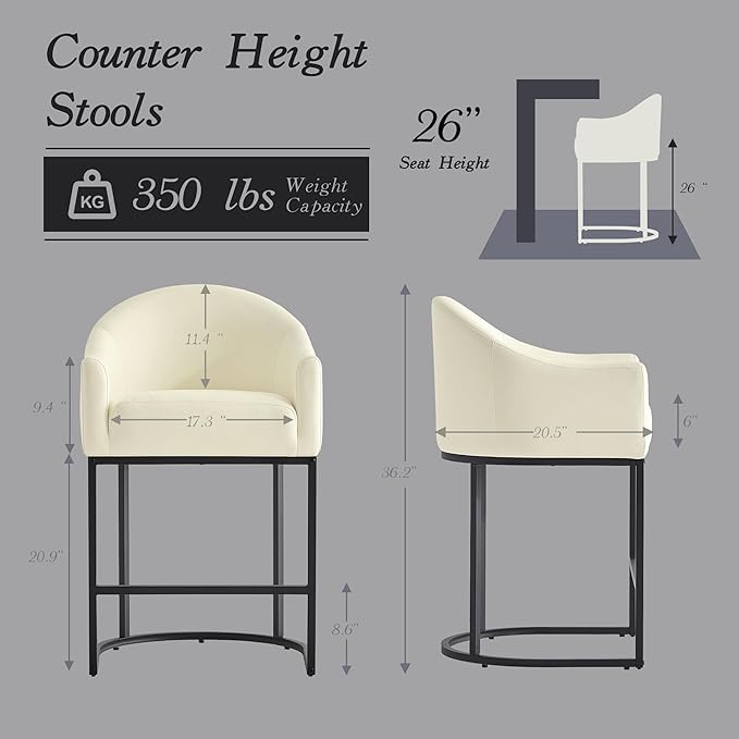 Counter Height Bar Stools Set of 3,Modern Counter Height Bar Stools,PU Leather Upholstered Barrel Barstools with Backs,26'' Kitchen Island Chairs,Metal Black Frames,Beige White Leather