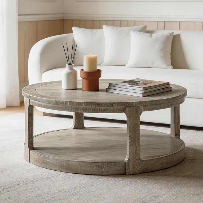 WILLIAMSPACE 40" Round Coffee Table with Wheels, Circle 2 Tier Solid Wood Center Coffee Table, Mid Century Retro Farmhouse Rounded End Table for Living Room Apartment, ø40 x 17.52" H (Light Brown)