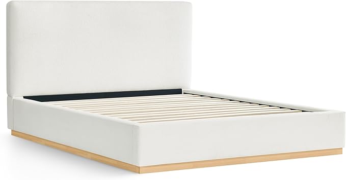 KISLOT Upholstered Queen Size Bed Frame, Boucle Fabric Platform Bed Mattress Foundation Noise-Free No Box Spring Needed Easy Assembly