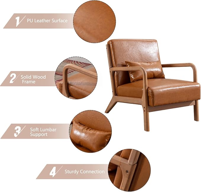 INZOY Mid Century Modern Accent Chair with Wood Frame, PU Leather Reading Armchair with Waist Cushion, Upholstered Living Room Chairs for Bedroom Sunroom (Camel)