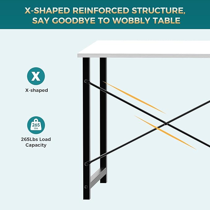 DUMOS 55 Inch Computer Desk for Home Office, Modern Study Work Table Simple Style for Bedroom Small Space, Large Writing Desks with X-Shaped Reinforcement, Wood White