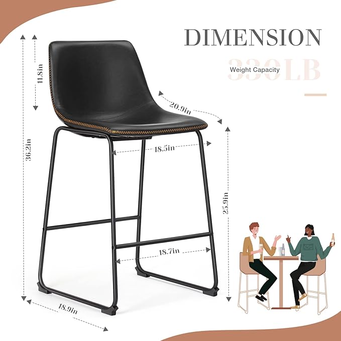 DUMOS 26 Inch Counter Height Bar Stools Set of 2, Modern Faux Leather High Barstools with Back and Metal Leg, Bar Chairs for Kitchen Island, Elegant Black