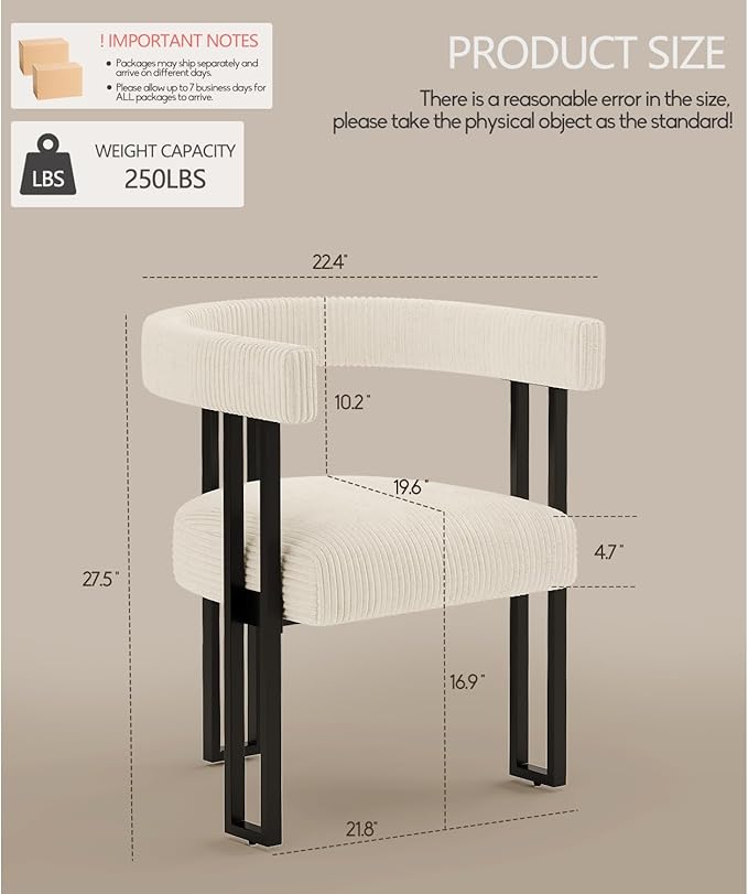 VIRRMO Boucle Corduroy Upholstered Dining Chair Set of 6 with Metal Legs Mid Century Modern Kitchen Chairs for Dining Room in Cream