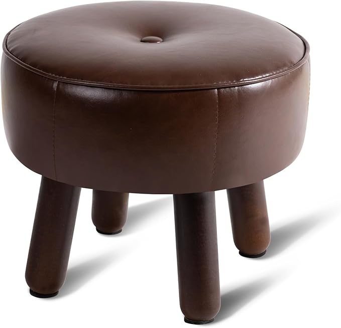 oakvivo Small Foot Stool Ottoman, Round Pouf Foot Rest, Footstool Ottomans with Rubber Legs Under Desk, Faux Leather Footrest for Couch, Living Room, Bedroom, Office, 13''L x 13''W x 10.2''H, Coffee
