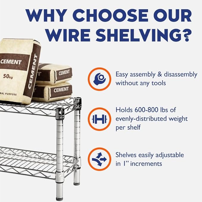Shelving Inc. 8" d x 48" w Chrome Wire Shelving with 2 Tier Shelves, Weight Capacity 800lbs Per Shelf
