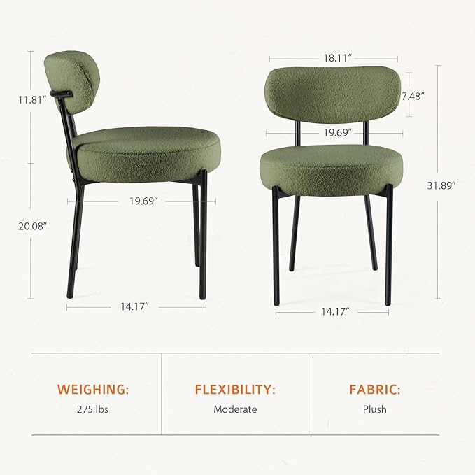 DUMOS Dining Chairs Set of 2, Mid Century Modern Chair Round Upholstered Curved Backrest, Kitchen Vanity Living Room Chairs with Black Metal Legs, Green