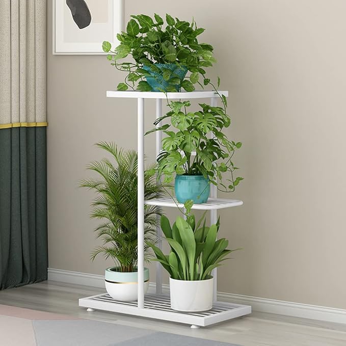 Plant Stand Metal 3 Tier 4 Potted Multiple Flower Pot Holder Shelf Indoor Outdoor Planter Display Shelving Unit for Patio Garden Corner Balcony Living Room (White)