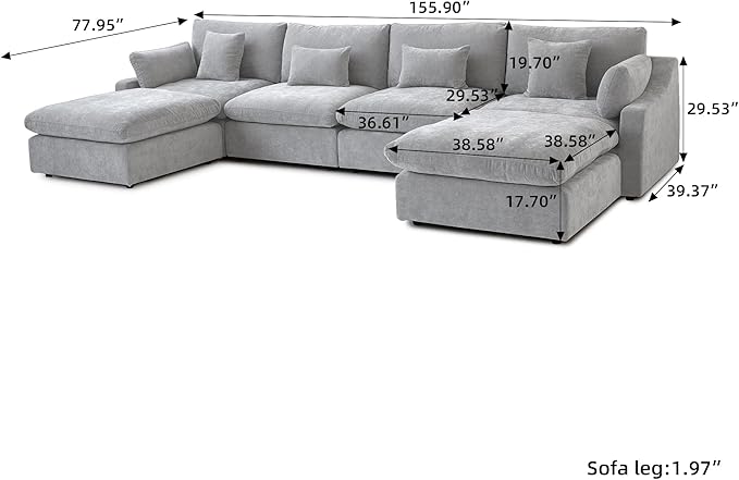 Modular Sectional Sofa Cloud Couch, 155.9" Oversized U Shaped Couch with Chaise Ottomans, Modern Minimalist Deep Seat Couches for Living Room, Sofa Covers Washable&Removable, Grey