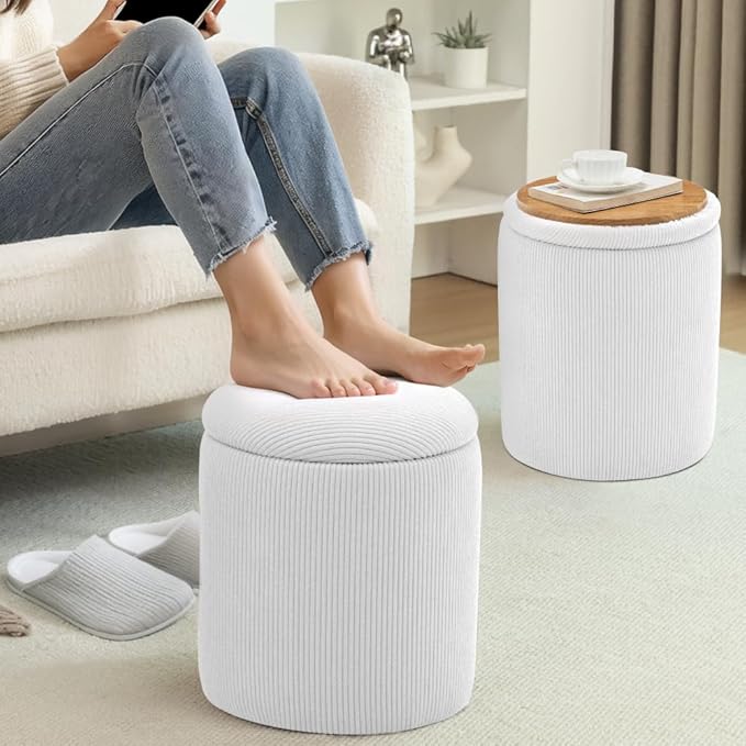 YSICK Round Ottoman with Storage, Set of 2, Small Vanity Stool as Vanity Chair, Corduroy Ottoman Foot Rest for Small Space, Living Room, Bedroom, White