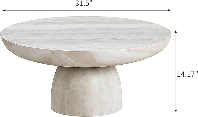 31.5" Round Coffee Table with Round Pedestal, Fiberglass Faux Marble Tabletop for Living Room, Modern Circle Center Table Tea Table for Apartment, Office, Beige Mars Pattern