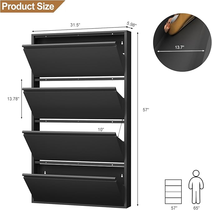 LUCYPAL Shoe Cabinet with 4 Flip Drawers,Slim Shoe Storage Cabinets for Entryway,Black Narrow Wall Shoe Cabinet for Hallway,Living Room, Bedroom