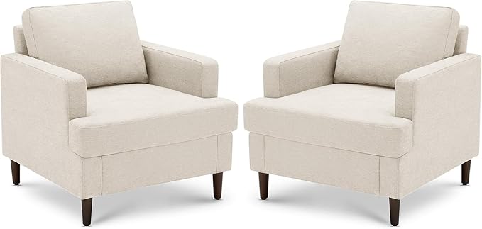 Weture Mid-Century Accent Chair,Modern Linen Fabric Armchair for Living Room,Comfy Upholstered Reading Accent Chairs for Bedroom,Single Sofa Chair with Wood Legs (Beige, 1 Pack)