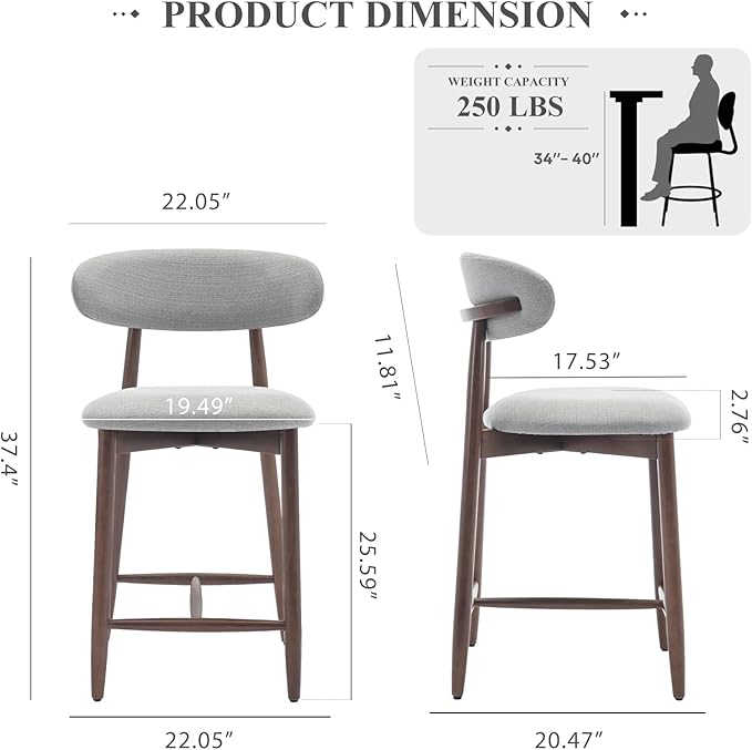 COLAMY Bar Stools Set of 3, Counter Height Barstools with Back, Upholstered Bar Stools with Wood Legs for Kitchen Island Dining Room Bar, Light Grey