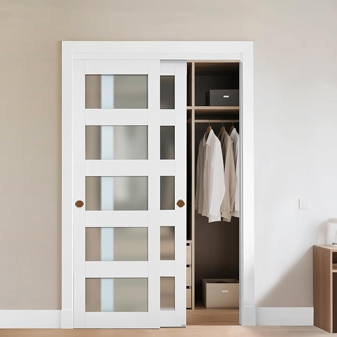 VEVOR Sliding Closet Door, 48" (Double 25") x 80", 5-Lite Frosted Glass with Hardware Kit & Floor Guide, Solid Wood & MDF Slab with Waterproof PVC Surface, Pre-Drilled Doors Panel, Need to Assemble