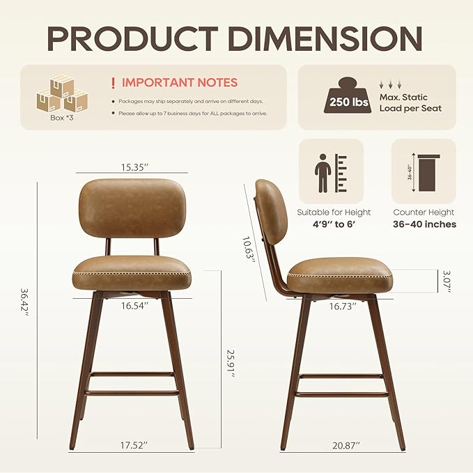 MALOL 26“ PU Leather Swivel Bar Stools Set of 6, Mid Century Counter Height Bar Chairs with Low Back and Metal Legs, Modern Bar Stool Chair for Kitchen Island, Brown