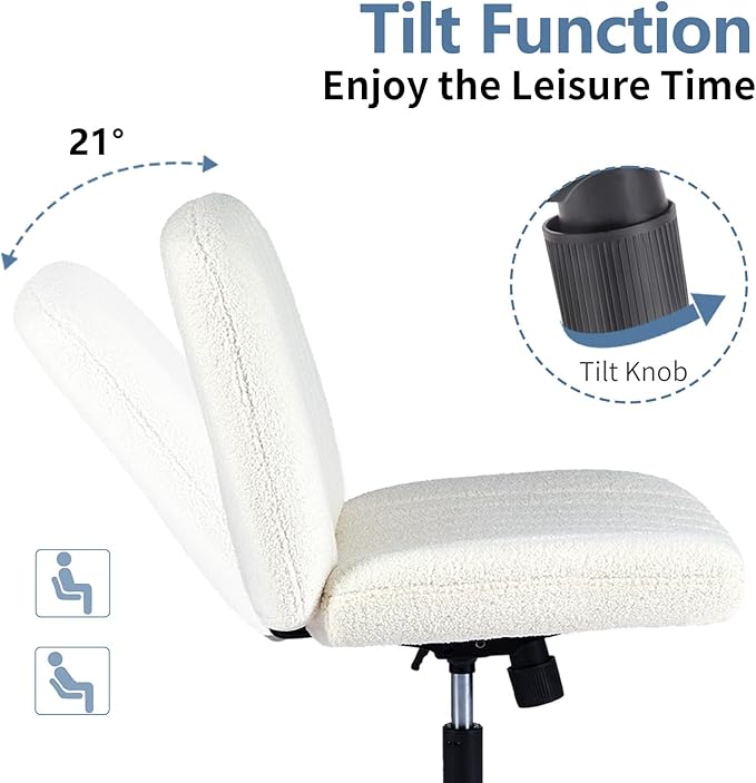 DUMOS Criss Cross Chair No Wheels, Legged Office Desk Armless Chair Wide Seat, Adjustable Swivel Teddy Fabric Task Vanity Chairs for Home Bedroom, Beige
