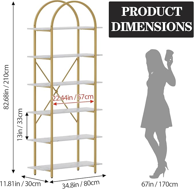 Arbuxzuy 6 Tier Bookshelf, 83" Tall Arched Bookcase, Tall Book Shelf with Metal Frame, Modern Display Standing Shelf for Living Room, Home Office, Bedroom, Gold