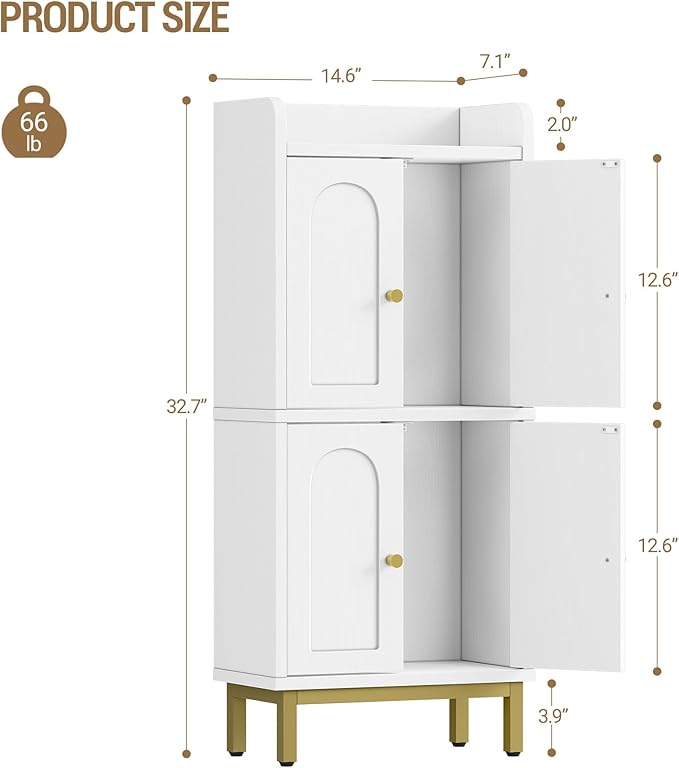 Hzuaneri Bathroom Cabinet, Small Storage Cabinet with 4 Doors, Bathroom Organizers and Storage Cabinets with Adjustable Feet. Cabinets Freestanding for Living Room, Kitchen, 7.1"D x 14.6"W x 32.7"H