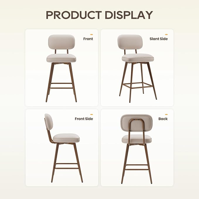 MALOL 26“ Swivel Bar Stools Set of 2, Mid Century PU Leather Counter Height Bar Chairs with Low Back and Metal Legs, Modern Bar Stool Chair for Kitchen Island, Beige